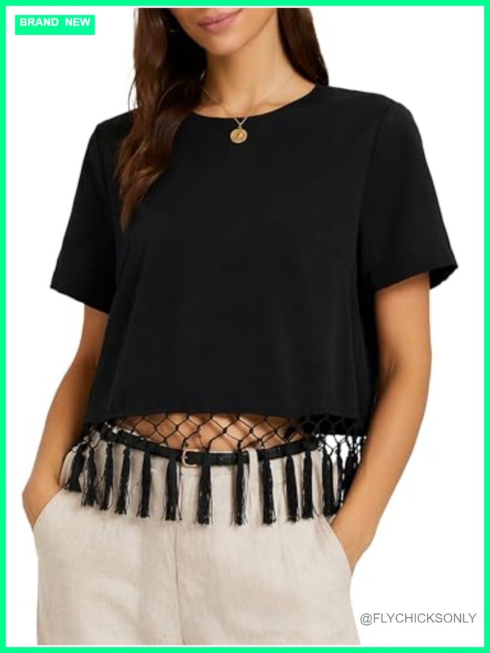 Satin Silk Fringe Tassel Hem Short Sleeve Crop Top